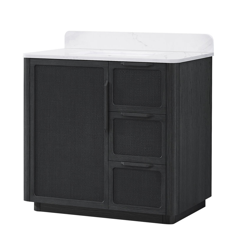 Busan 36" Single Bath Vanity with White Quartz Stone Top, Oak Classic Black