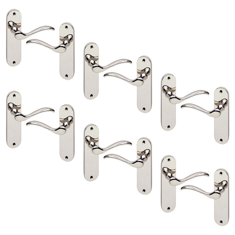 6x Urfic Geneva Metal Lever Latch Door Handles Set Rose Internal & External, Polished Nickel Plain