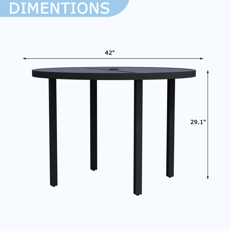 Metal Outdoor Table, Round Table for 6 with Umbrella Hole, Patio Table with Modern Minimalist Design, Black
