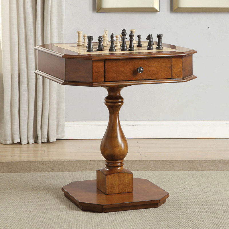 Table de jeu carrée à plateau piédestal en bois, Brun