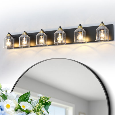 Modern Farmhouse Dimmable Bathroom Vanity Light with Seeded Glass and One-Piece Backplate