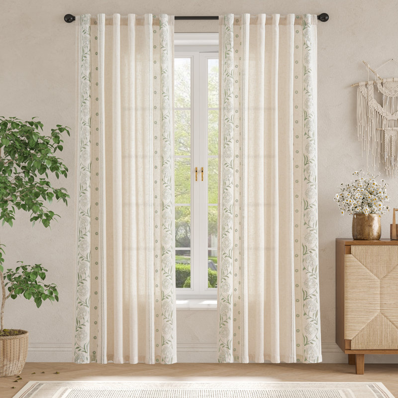 Linen Blended Semi Sheer Embroidered Floral Curtains, Sage, 50" W x 90" L