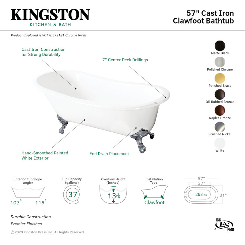 Kingston Brass Tazatina 57-Inch Cast Iron Oval Single Slipper Clawfoot Tub (7-Inch Faucet Drillings), Naples Bronze