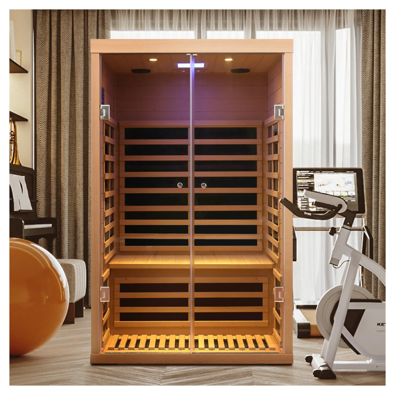 Sauna infrarouge lointain à deux places Hemlock avec technologie Low EMF, portes en verre double et finition en bois naturel