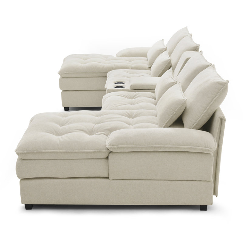 130" U-shaped Sofa with Console,Cupholders,6-seat Upholstered primary living space Furniture,Sleeper Couch Set with Chaise for Living Room,Apartment