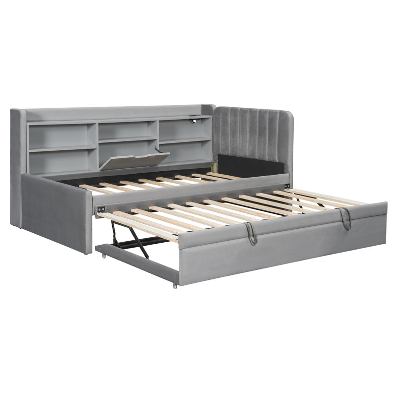  Lit de jour simple rembourré avec couchette, tablettes de rangement, ports USB intégrés et prise de courant, gris, Gris