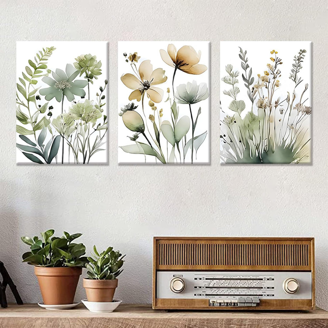 Framed Sage Green Botanical Canvas Wall Art Set Of 3 Boho Floral Wall Decor Paintings Minimalist Flower Posters Prints Pictures For Bedroom Bathroom L