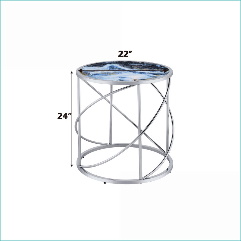 Table basse ronde en verre bleu marbré avec base en métal chromé complexe - facile à nettoyer et amp; Stable pour le salon