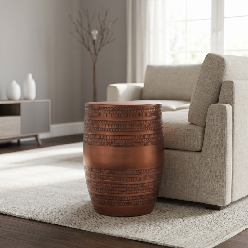 Modern Round Aluminum Hammered Embossed Texturing Metal Side Table, Copper