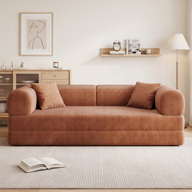 63” Compression Corduroy Sleeper Sofa, Convertible Upholstered Couch with 2 Pillows, No Assembly Required, Green 