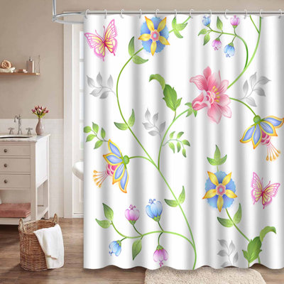 Rideau de douche imperméable à motif floral blanc et rose avec 12 crochets