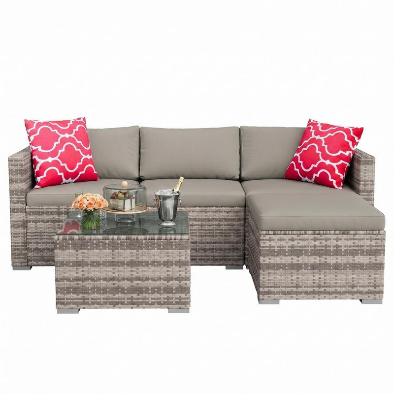 5-Piece L-Shaped Gray Wicker Patio Set – Sectional Sofa with Cushions, Coffee Table & Red Accent Pillows
