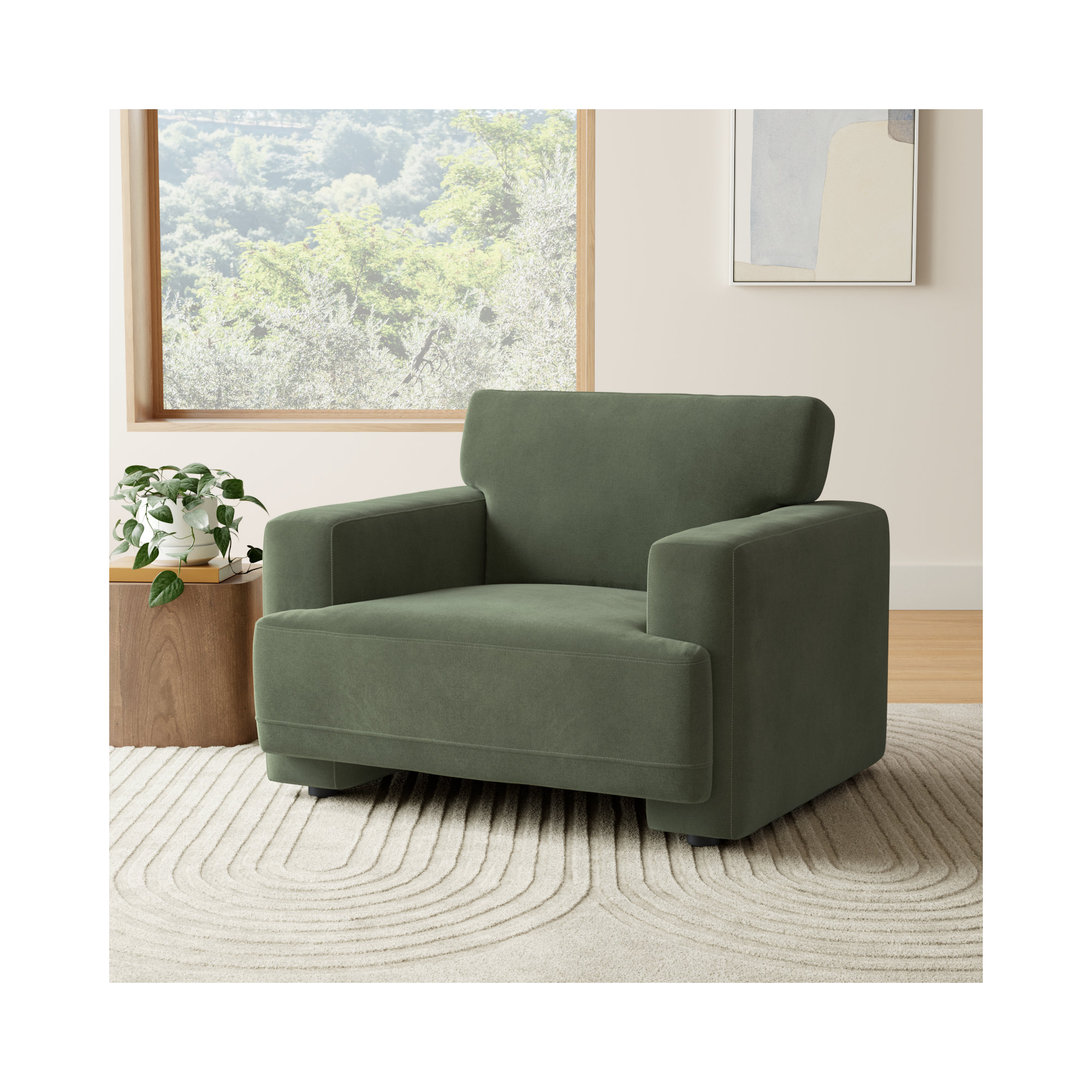 Ives 42'' Oversized Upholstered Armchair, Soren Olivine Performance Velvet