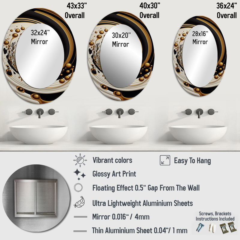 Black, Silver And Gold Blending Swirls IV - Abstract Oval Decorative Mirror On Metal, 36" x 24"