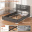 Lit plateforme avec grand lit, rangement en bois aggloméré gris clair et fabrication en métal avec éclairage DEL