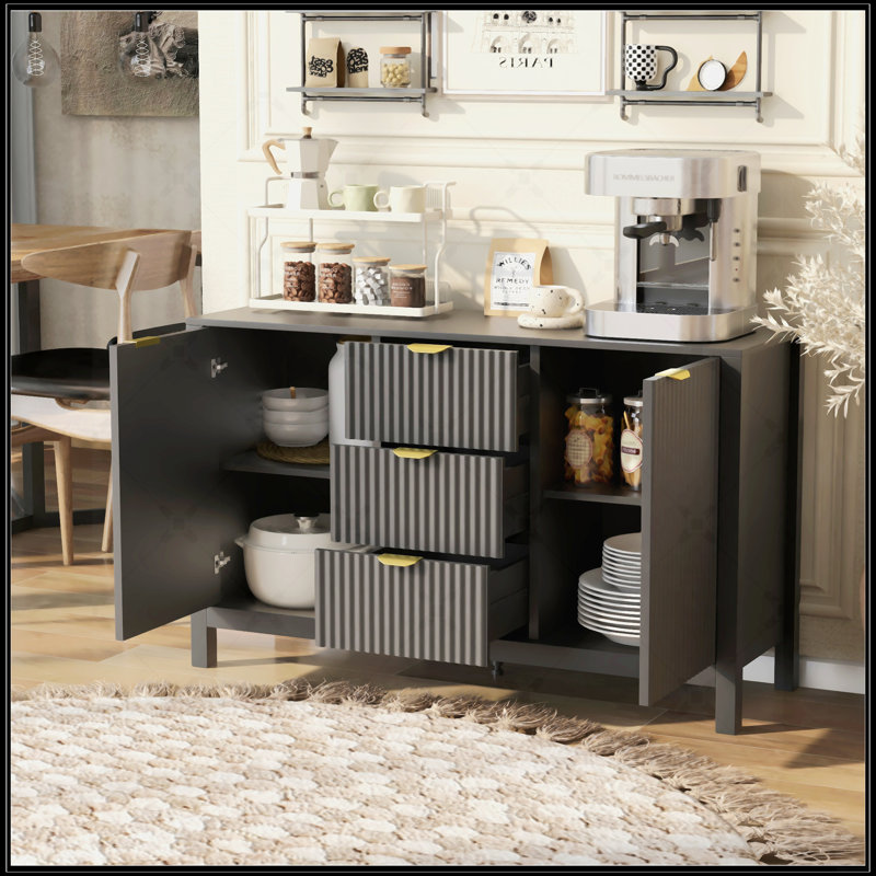 Wave-Designed Sideboard With 3 Adjustable Shelves, 3 Drawers, And Soft-Close Doors For Modern Storage Solutions, Black