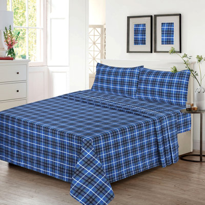 Draps en flanelle RUVANTI 100 % coton, taille Queen, ensemble de 4 pièces, poches profondes de 40 cm, à carreaux bleus