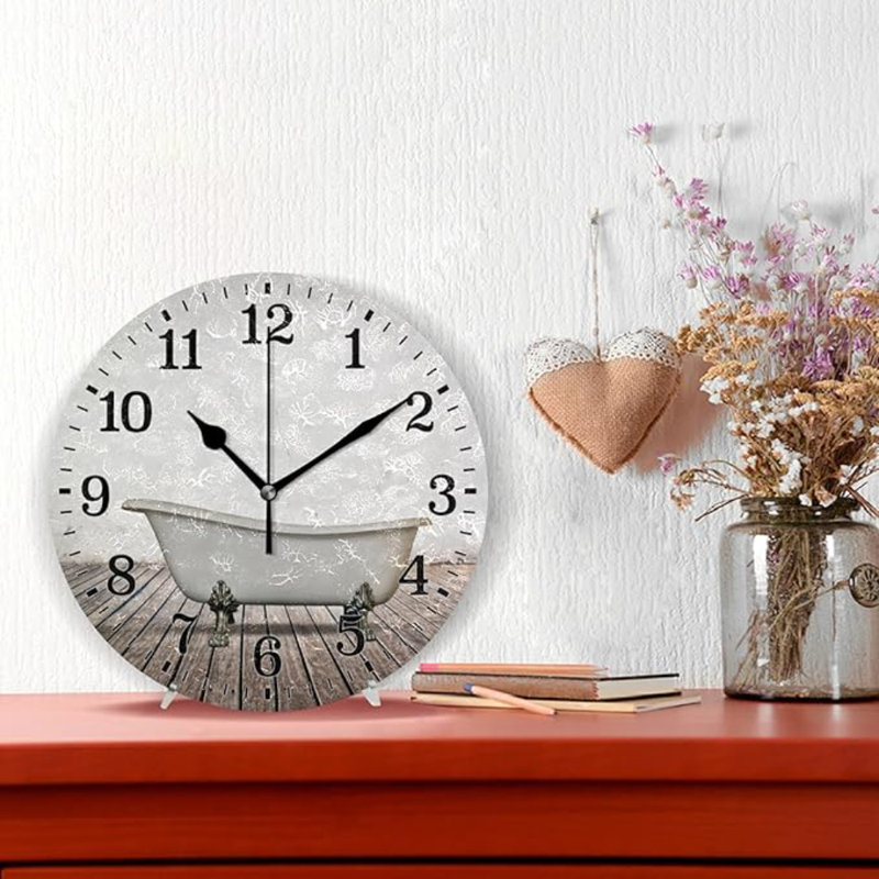 JUNZAN Silent Wall Clock For Bathroom Decorarion, Battery Powered No Ticking 10 Inch Round Small Plastic Horloge For Home, Living Room