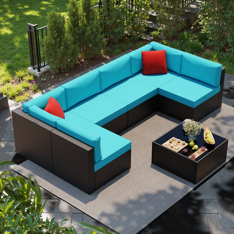 Modular 7 Piece Outdoor Rattan Seating Set For Patio Furniture, Blue