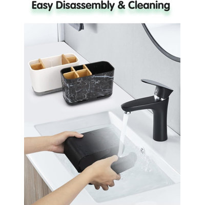 Porte-brosses à dents noir avec système d'évacuation, organisateur de salle de bain, grand porte-brosses à dents et dentifrice à 5 emplacements avec séparateur en bambou, porte-brosses à dents électriques pour enfants, idéal pour organiser le lavabo.