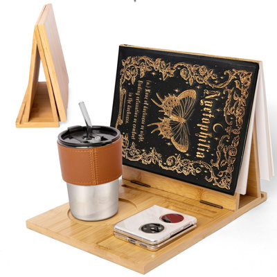 4 In 1 Book Holder For Page Rest, Bamboo Triangle Book Stand, Book Nook Reading Valet With Cup & Pen Holder, Book Rest For Nightstand, End Table, Side Table, Desk Book Lovers Gifts Ideas