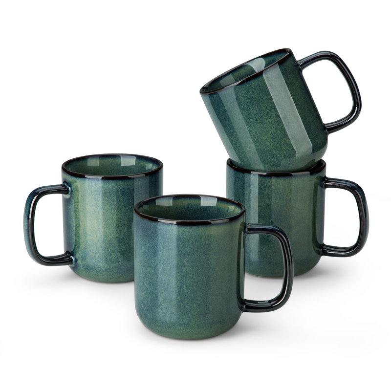 4 Pieces Mugs, Porcelain Mugs, Blue, Straight, Cramic Mugs, Coffee Mug, 16oz, Green/Black, 360 ml
