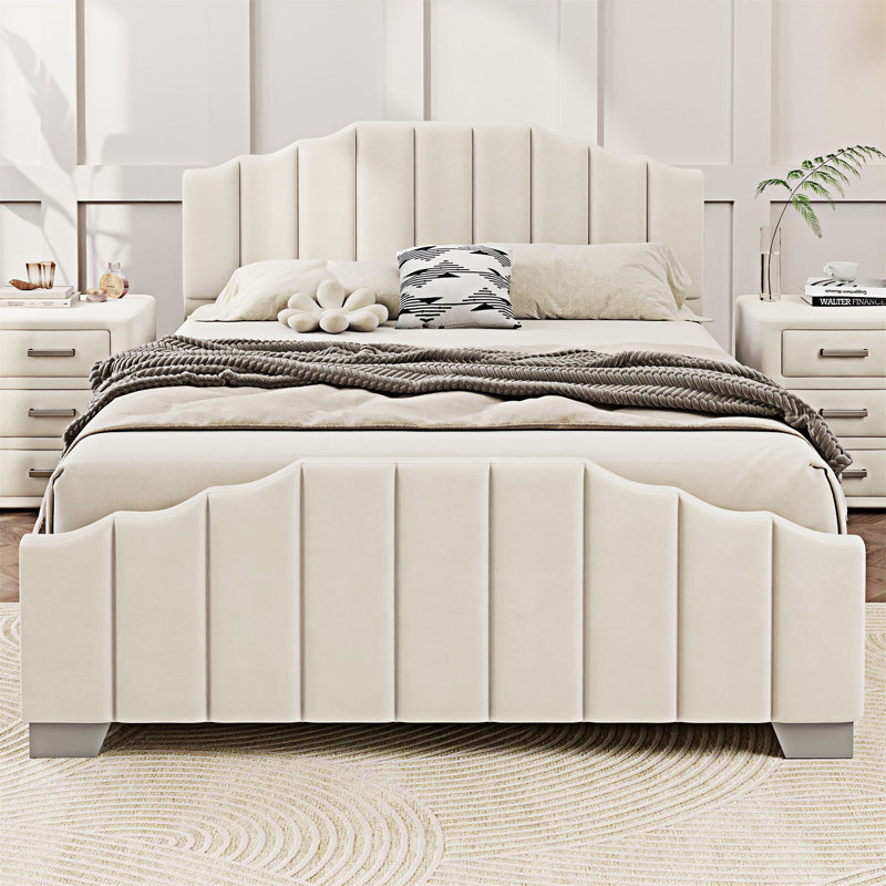 Lit plateforme tapissier en velours, Beige, Double