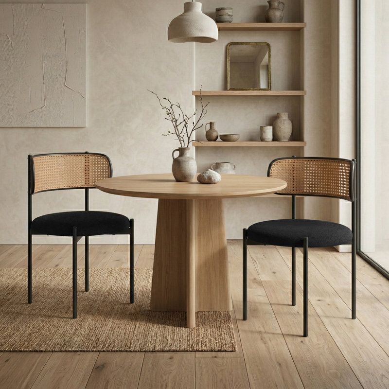 Rattan Back Dining Chairs With Upholstered Seats, Mid-Century Modern Armless Side Chairs With Metal Frame( Set Of2 ),Black