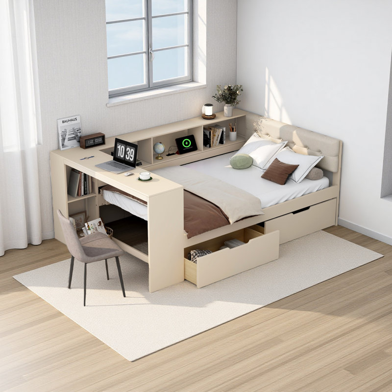 Lit plateforme en bois avec tablettes de rangement, tiroirs, station de charge et tête de lit tapissier, Double