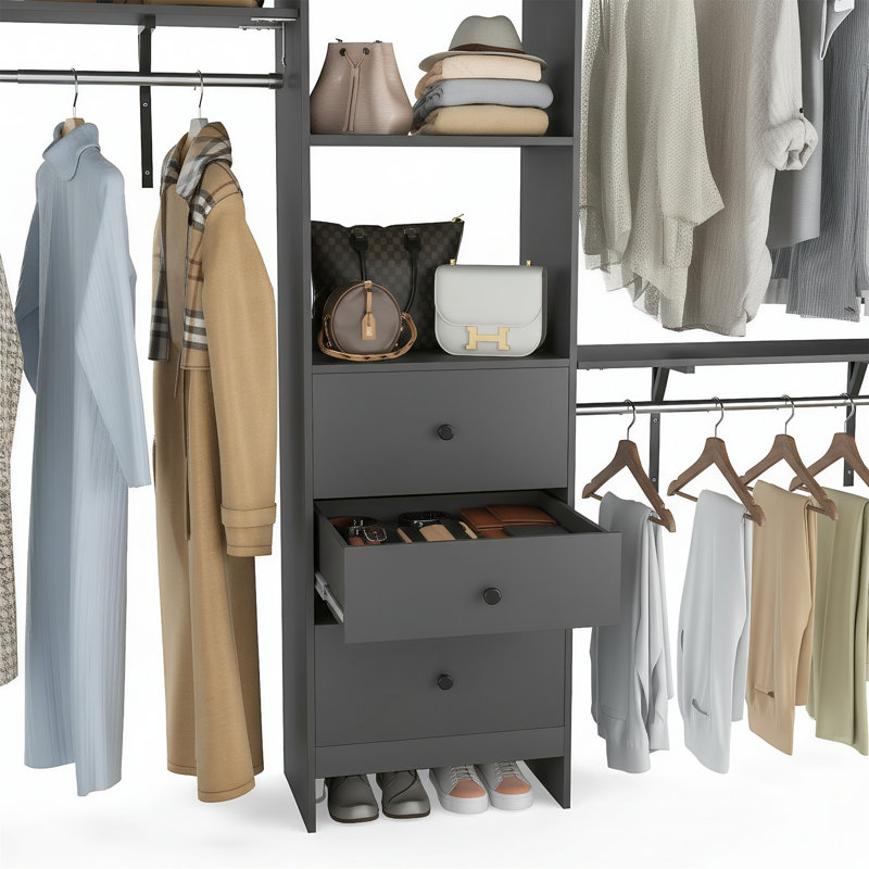 Étagère de rangement pour garde-robe avec 3 tiroirs, tablettes et barre de suspension extensible