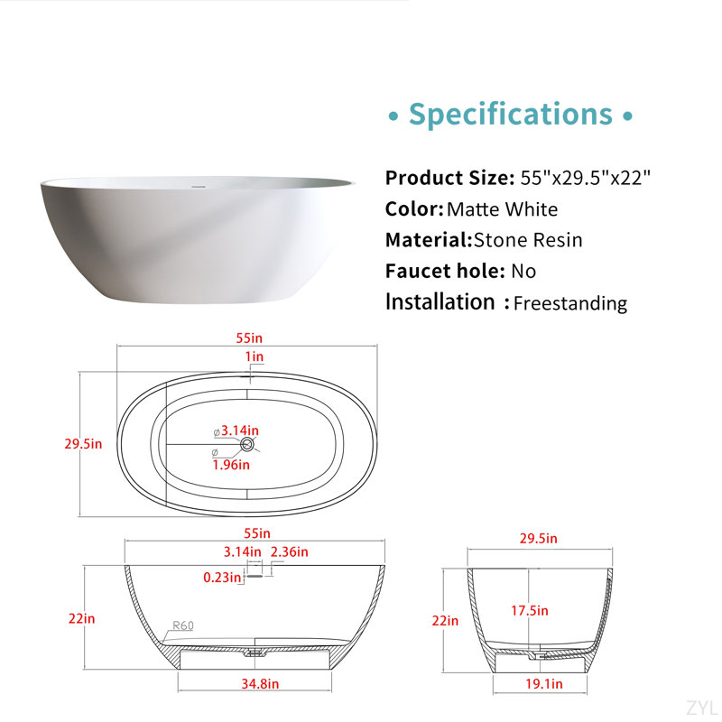 55″Solid Surface Matte Tub, Solid Surface Soaking Tub, Stone Resin Freestanding Bathtub, Thick Edge Stand Alone Tubs With Overflow, Pop-Up Drain, Matte White (Oval)