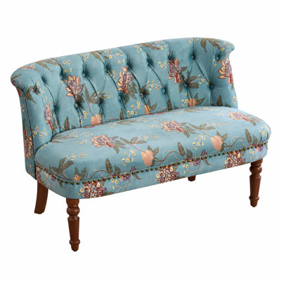 Canapé deux places capitonné à motifs floraux, canapé d'appoint vintage en tissu fleuri pour entrée ou salon, BLEU