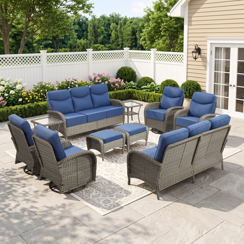 Ensemble de conversation avec coussins pivotants et repose-pieds 10 po pour patio en osier 10 pièces, Bleu