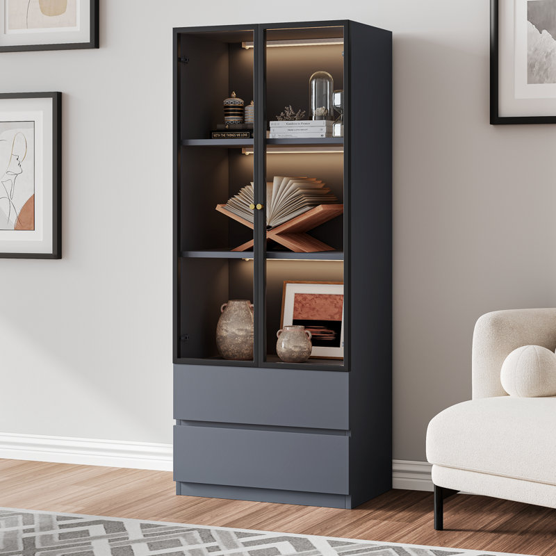 Gray Glass Display Cabinet with Storage for Collectibles, Wood 3-Tier Display Case with Glass Doors and 2 Drawers , Modern Hutch Curio Cabinet for Living Room and Kitchen