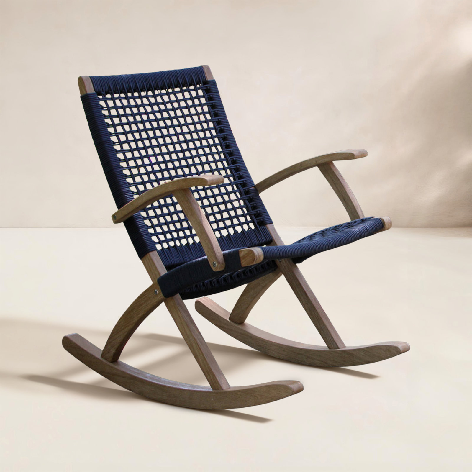Outdoor Brayson Rocking Solid Wood Chair, Light Brown/Blue Rope