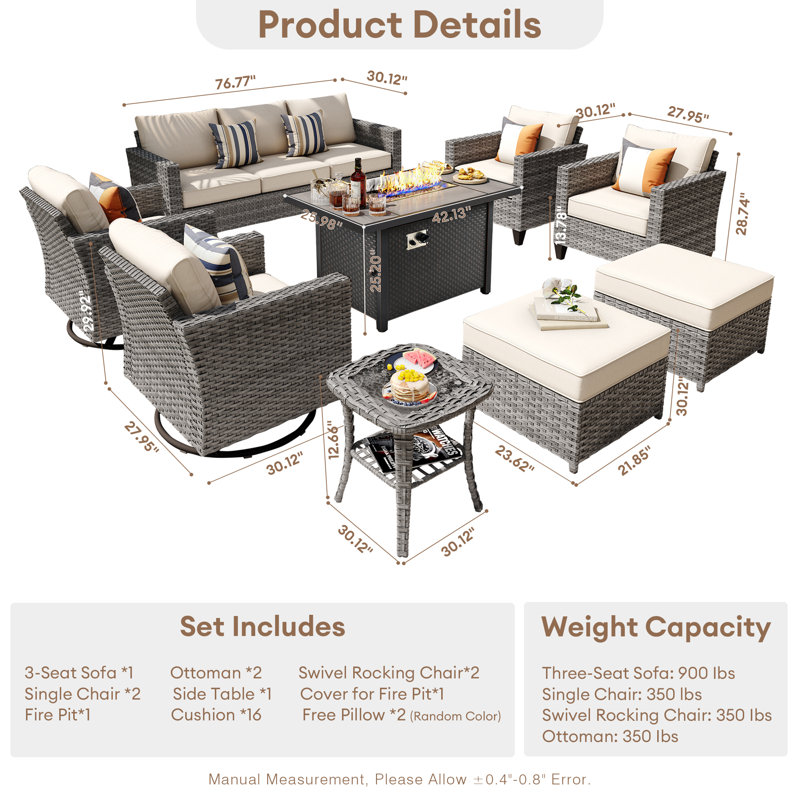 GRS Premium All-Weather Wicker 9 - Person Patio Conversation Sets with Cushions, Yes, Beige