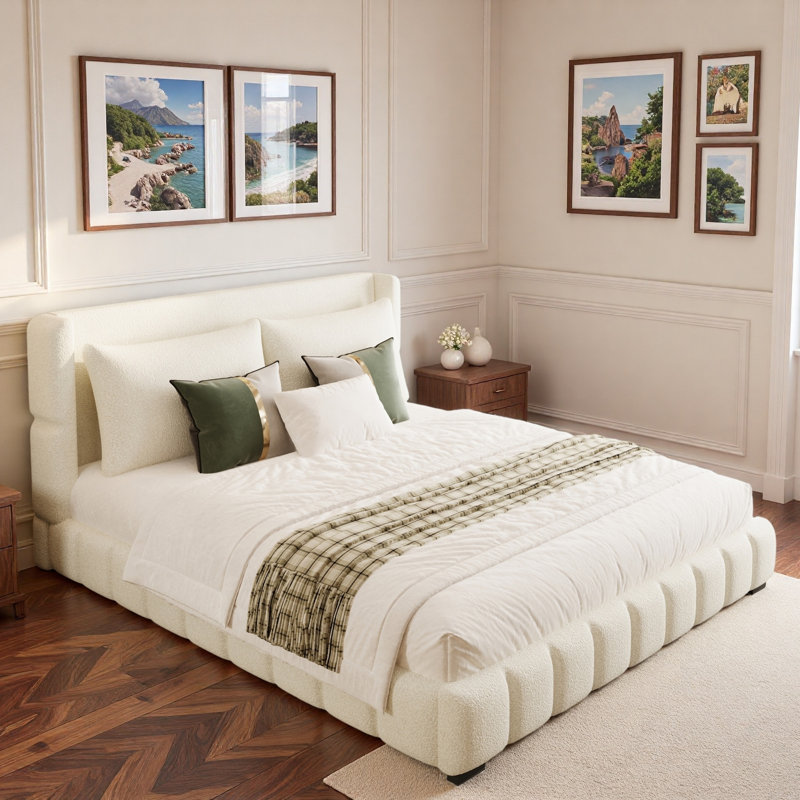 Lit plateforme tapissier avec 2 coussins et pieds robustes, Blanc, Grand lit