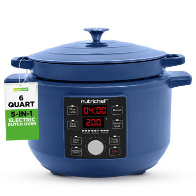 Cocotte électrique 6 pintes | Pot en fonte 1500W 5-en-1 1500W avec couvercle en acier inoxydable | Contrôle précis de la température | Comprend 2 poignées en silicone et un coussin résistant à la chaleur