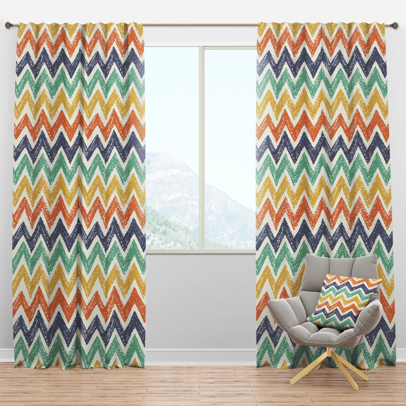 Retro Chevron in Orange, Blue and Yellow - Mid-Century Curtain - Velvet Room darkening - 1 panel, 52"W x 120"L