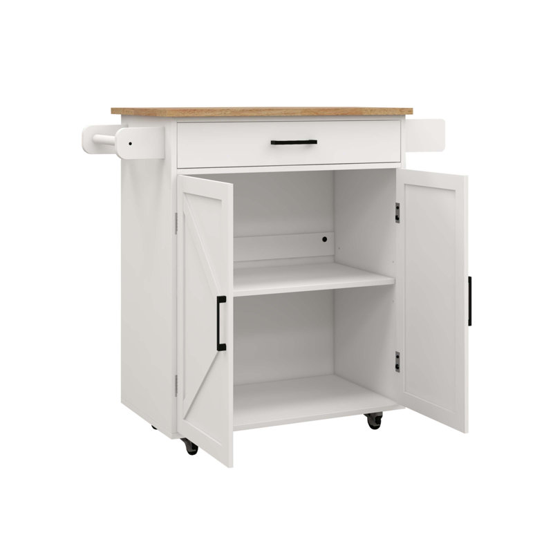 Kitchen Island Rolling Trolley Cart With Adjustable Shelves & Towel Rack & Seasoning Rack Rubber Wood Table Top-White