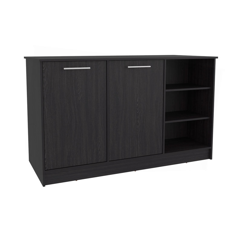 Kitchen Island Two Cabinets, Three Open Shelves, Black, 35.66" H x 59.05" W x 26.37" D