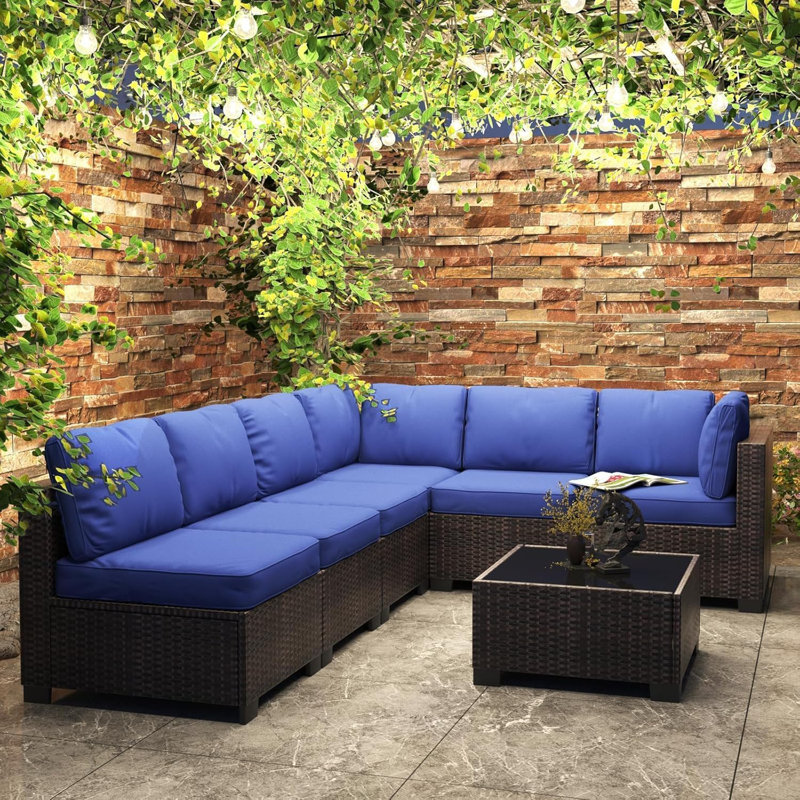 Patio7 Pieces Outdoor Patio Set With Detachable Soft Cushions Patio Conversation Sets Waterproof Patio Sectional Sofa With Glass Top Table