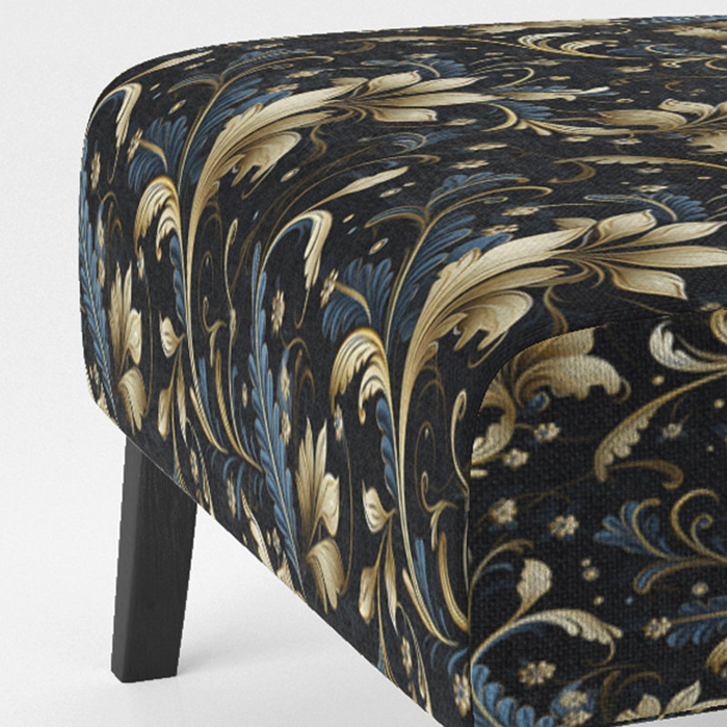 Fauteuil de chambre à accoudoirs rembourré bohémien et éclectique Gold and Blue Luxury Damask Serenade