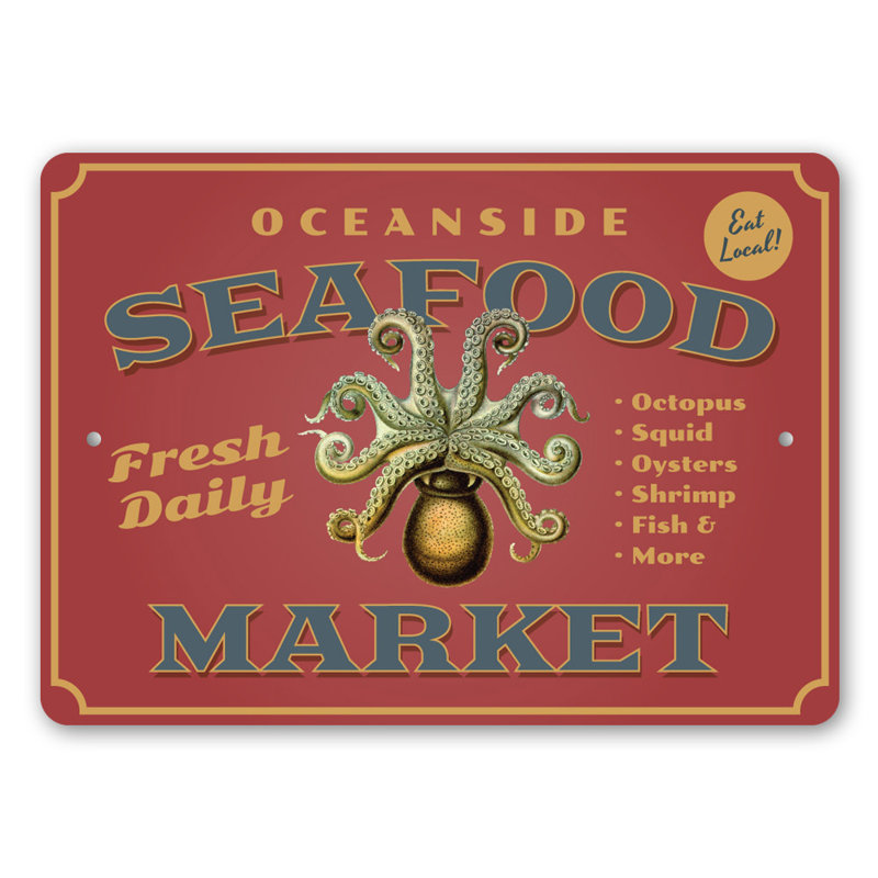 Oceanside Seafood Market Sign, 10" H x 14" W x 0.04" D