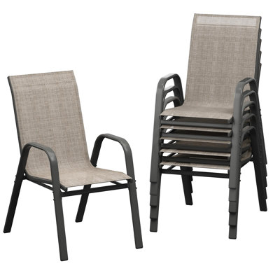 Ensemble de 6 chaises de salle à manger de patio empilables - Légères, à haut dossier, pour terrasse, jardin, bord de piscine, balcon - plastique noir-gris et textilène brun 2 x 1, 6 pièces