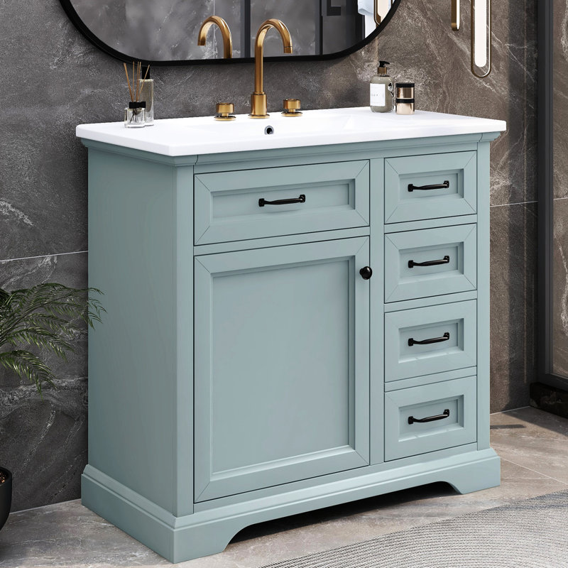 Lavabo de salle de bain gris 36 po - Céramique solide, 4 tiroirs, charnière de porte silencieuse avec, Gris / vert