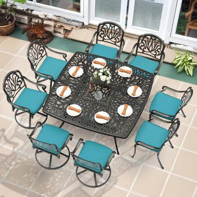 9-piece Outdoor Patio Dining Set For 8, All Weather Cast Aluminum Patio Funiture Table And Chairs Set- Large 64" Square Table, 4 Swivel Rocker Chairs