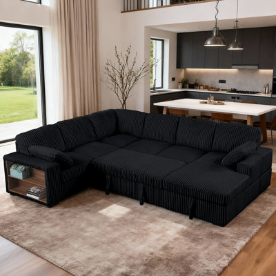 Clitheroe 116.5" L-Shaped Corduroy Convertible Pull-Out Sofa Bed with Storage Chaise and Armrest by Ebern Designs