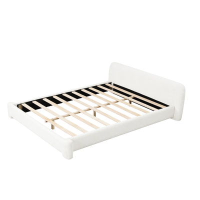 Très grand lit tapissier blanc Boucle, tissu et bois, répartition uniforme du poids, surface de couchage confortable, facile à assembler, sans sommier, sans effort