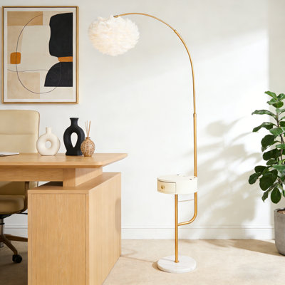 67" Adjustable Height Arched/Arc  Floor Lamp With Bulb, Feather Shade & Storage Drawer
